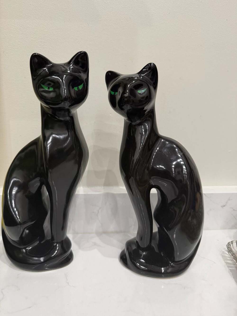 Vintage Artmark Glossy Black Ceramic Cat Figurines with Green Eyes Pair